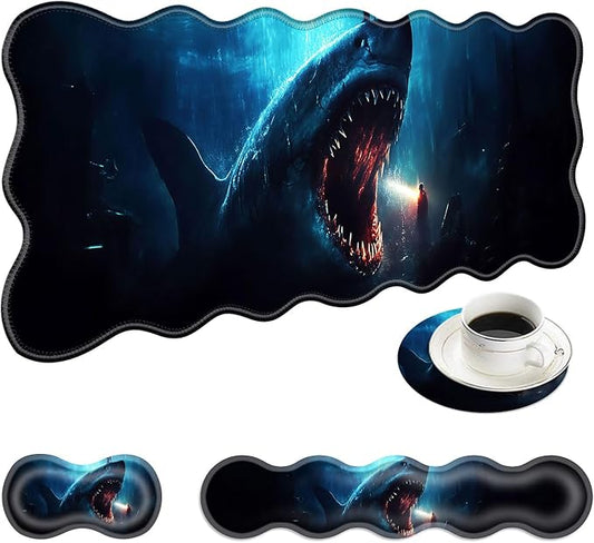 Large Mouse Pad and Keyboard Wrist Rest, Desk Pad for Keyboard and Mouse, 4-in-1 Large Gaming Mouse Pad with Wrist Support, Desk Mat for Home Office Study Game-Cute Shark