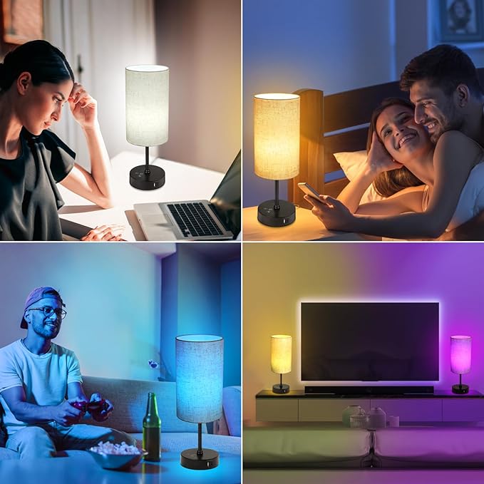 Unicozin Table Lamp, 3 CCT 3000K/4500K/6500K & RGB Color Changing, Stepless Dimmable Small Bedside Lamp for Reading, Ambience Nightstand Light for Home Decor Party, Beige Shade