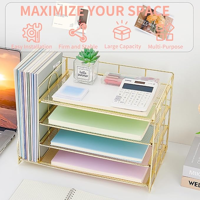 OPNICE 4-Tier Paper Organizer with Magazine Holder, Desk Organizers and Accessories, Office Desk Accessories & Workspace Organizers, Desktop File Organizer for Office Supplies Storage, Gold