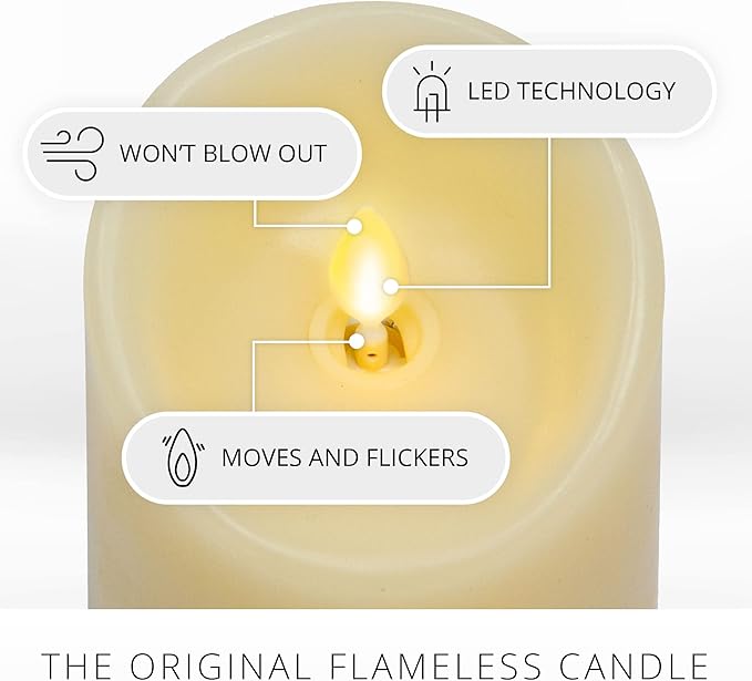 Luminara Realistic Flameless LED Set of 3 Ivory Pillar Candles, Home Safe Moving Flame Melted Top Illumination, Battery Operated Remote Control w/Timer