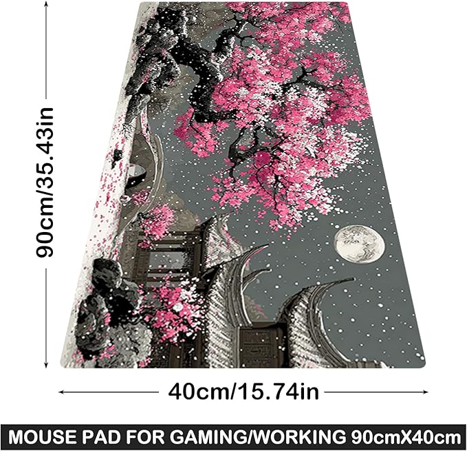 Nuxovilar Professional Large Mouse Pad & Computer Game Mouse Mat (35.4x15.7IN, Japanese Cherry Blossom & Moon Art) (90 * 40cm Japanese Cherry Blossom)