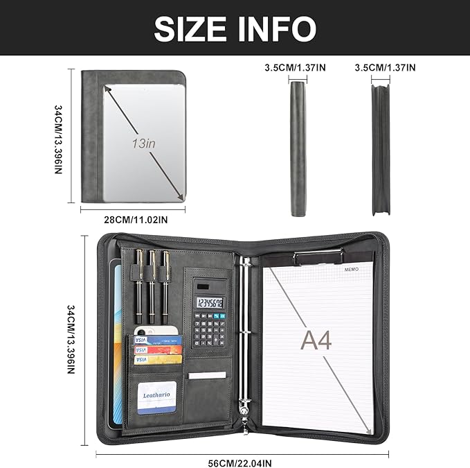 Leathario Portfolio Binder, 3-Ring Folder Organizer, Includes 5 Sheet Protectors and a Pen, Vegan Leather A4 Padfolio for Tablets, Business Conferences Professional Document Organizer, Office Supplies