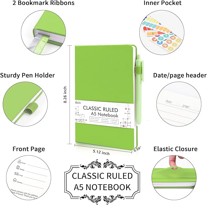 feela 5 Pack Notebooks Journals Bulk, Hardcover Notebook Classic Ruled Lined Journals with Pen Holder for Women Girls School Business Supplies, with 5 Black Pens, 120 GSM, 5.1”x8.3”, A5, Green