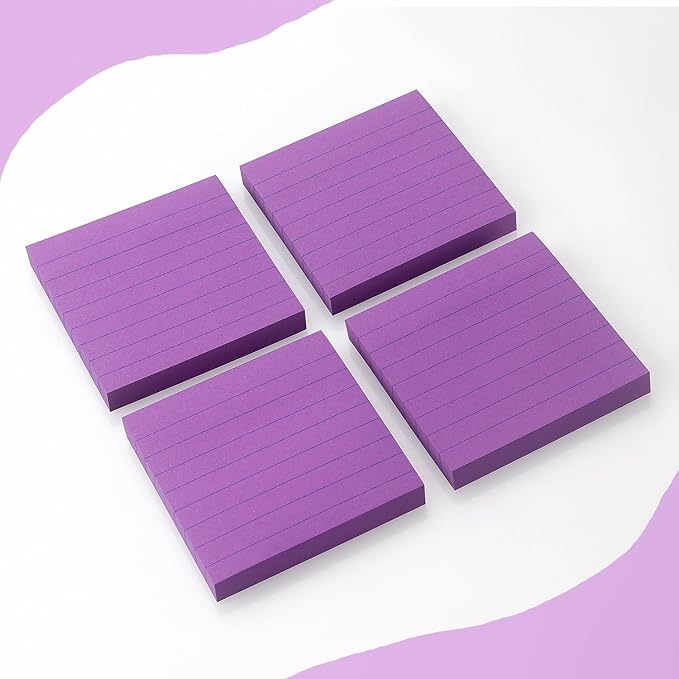 Lined Sticky Notes 3x3 Sticky Notes with Lines Self-Stick Notes Bright Color 4 Pads 90 Sheets/Pad (Purple)