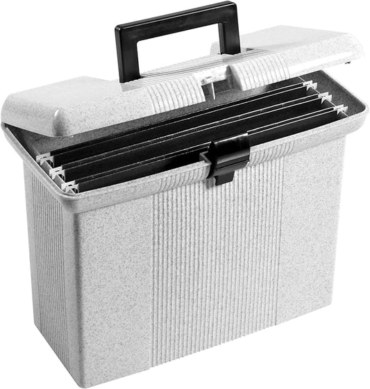 Pendaflex Portable File Box with File Rails, Hinged Lid with Double Latch Closure, Granite, 3 Black Letter Size Hanging Folders Included (41737AMZ)