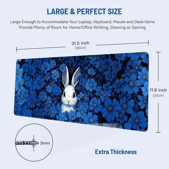 Mousepad Desk Mat Gaming Large Keyboard Cute Office Desktop Computer Laptop XXL Long Big Kawaii Aesthetic Girly Pretty Design Women Girl Gamer Oversized Wide 30x12'' Mousepad, Blue Rabbit