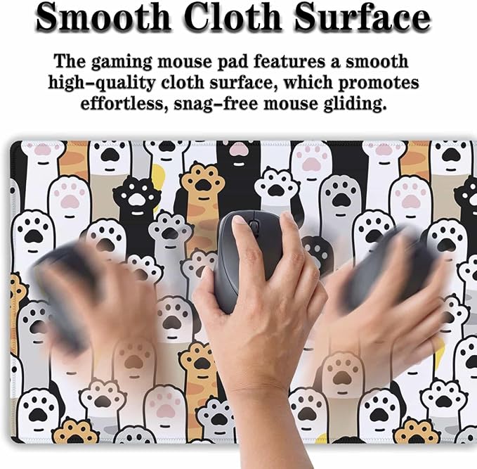 Office Desk Pad Cat Paws Cute Mouse Mat Large Gaming Mouse Pads Desk Mouse Pad Long Desk Pad Non-Slip Rubber Base Waterproof with Stitched Edges 35.4 X 15.7 for Game Office,