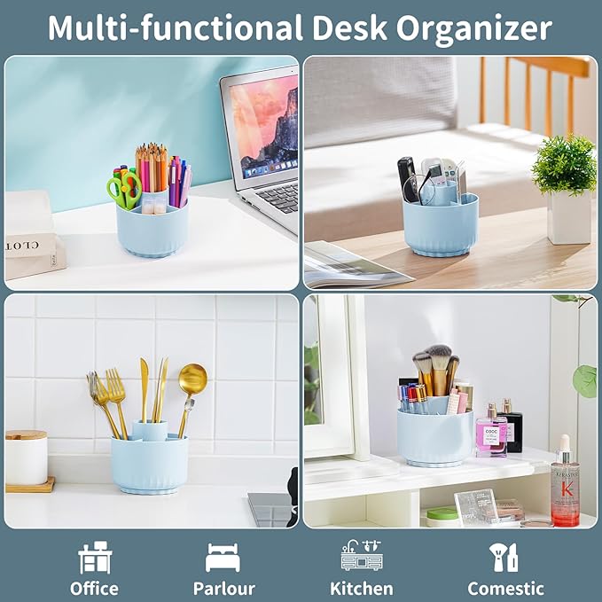 Marbrasse Desk Organizer, 360-Degree Rotating Pen Pencil Holder for Desk, Desk Organizers and Accessories with 5 Compartments Pencil Organizer, Art Supply Storage Box Caddy for Office, Home(Blue)