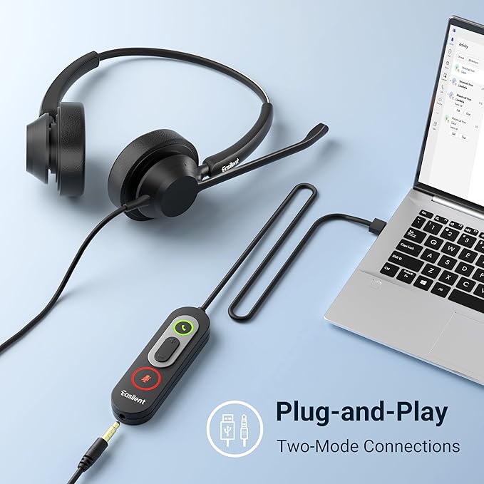 Lightweight Wired Headset with Microphone for PC, USB Headset with Noise Canceling Mic & in-line Control for Meetings, Computer Headset for Work, Office, WFH, Teams, Zoom, 3.5mm/USB-A