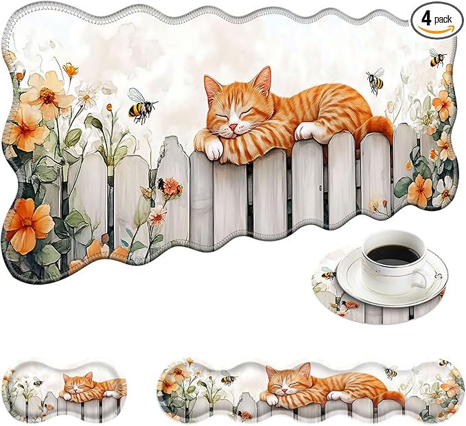 Large Mouse Pad and Keyboard Wrist Rest, Desk Pad for Keyboard and Mouse, 4-in-1 Large Gaming Mouse Pad with Wrist Support, Desk Mat for Home Office Study Game-Sleeping Cat on Fence