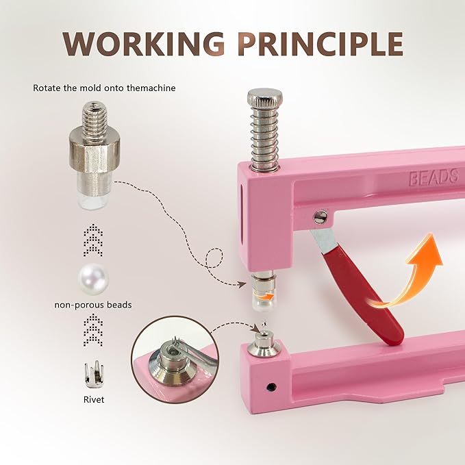 Pearl Setting Machine Hand Press Tools 2 Boxes White No Holes Pearl Beads with Rivet Studs Screw Heads L Hexagon Wrench for Decorating Clothes Hat Trousers Dresses Bag Hair Band DIY Crafts (Pink)