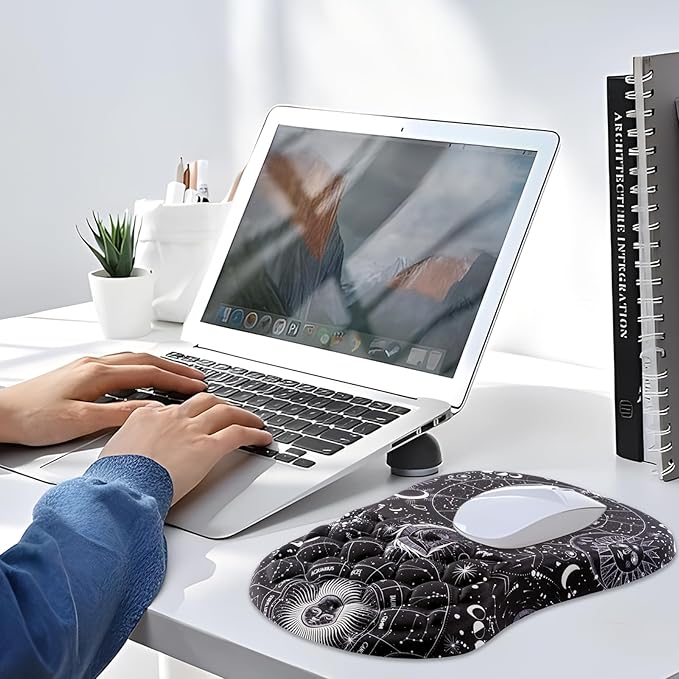 Mouse Pad Wrist Support, Ergonomic Mouse Pad with Wrist Rest, Comfortable Computer Mouse Pad for Laptop, Pain Relief Mousepad with Non-Slip PU Base Sun Moon