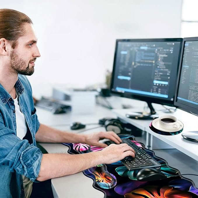 Large Mouse Pad and Keyboard Wrist Rest, Desk Pad for Keyboard and Mouse, 4-in-1 Large Gaming Mouse Pad with Wrist Support, Desk Mat for Home Office Study Game-Colorful Tropical Leaf