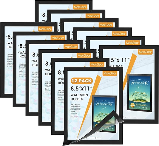 MaxGear Wall Mount Sign Holder 8.5 x 11, Self Adhesive Magnetic Display Picture Frames with Strong Magnetic Border and Clear PVC, Document Paper Wall Sign Holder for Home Office Store,12 Pack