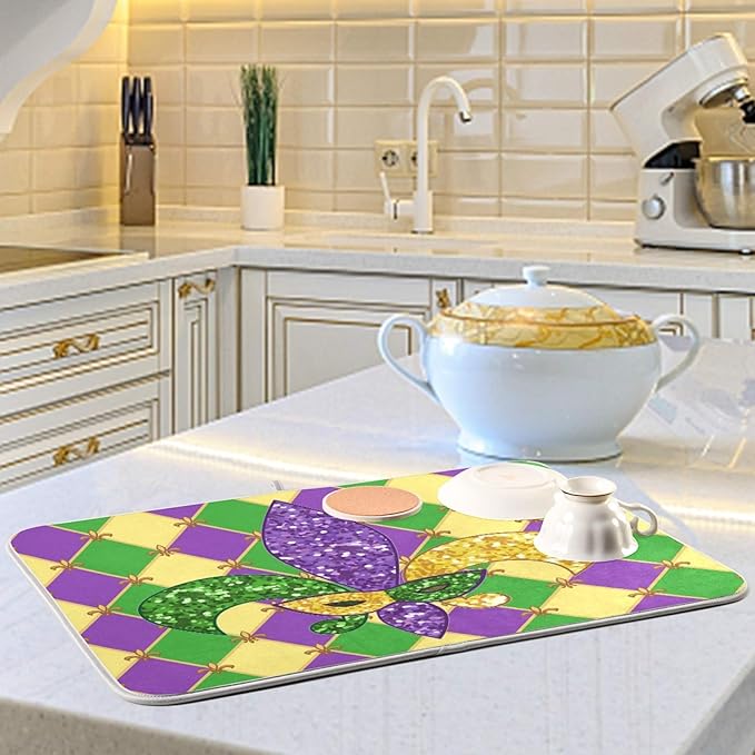 Mardi Gras Fleur De Lis Dish Drying Mat 18 X 24 Inch Rhombus Carnival Mask Absorbent Microfiber Dry Dishes Pads Tableware Mats Protector for Kitchen Countertops Counter Home Decorations