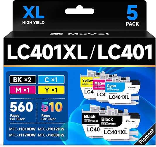 MxVol LC401XL Compatible Ink Cartridges Replacement for Brother LC401 LC-401XL LC-401 High Yield for MFC-J1010DW MFC-J1170DW MFC-J1800DW MFC-J1012DW Printer Ink (2-Black Cyan Magenta Yellow, 5-Pack)