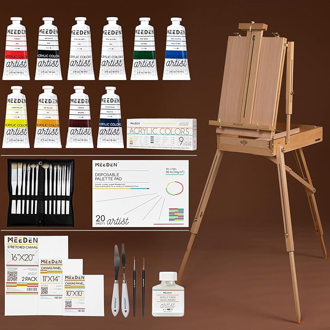MEEDEN Art Set with French Easel for Professional Artist,Supplies Acrylic Painting(10-60ML) Kit with Paintbrushes for Adults,Pre Painter and Canvas Drawing Starter-Prime Art Series