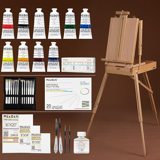 MEEDEN Art Set with French Easel for Professional Artist,Supplies Acrylic Painting(10-60ML) Kit with Paintbrushes for Adults,Pre Painter and Canvas Drawing Starter-Prime Art Series