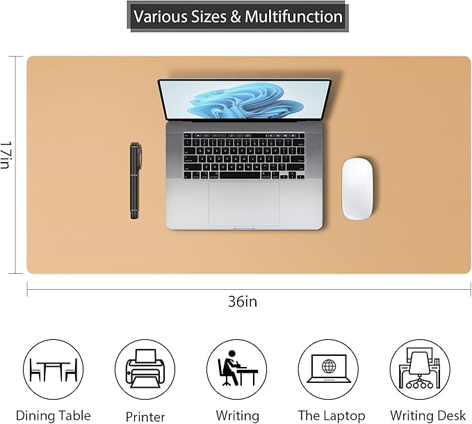 Mouse Pad Desk Protector Mat, Large PU Leather Office Desk Mat, Non-Slip Desk Pad for Keyboard and Mouse, Waterproof Desk Blotter Pad for Writing, Wide & Smooth Laptop Desk Pads, Khaki (17’’X36’’)