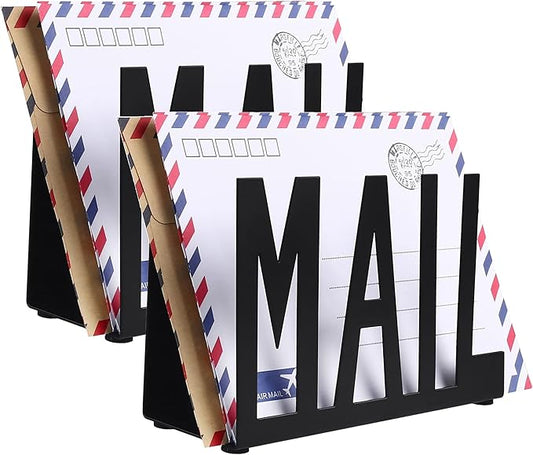 Mail Holder,Mail Organizer Black Metal Letter Sorter Tabletop Mail Cutout Organizer Mail Letter Document Stand with Letter Opener for Desktop Home Office School（2Pcs)