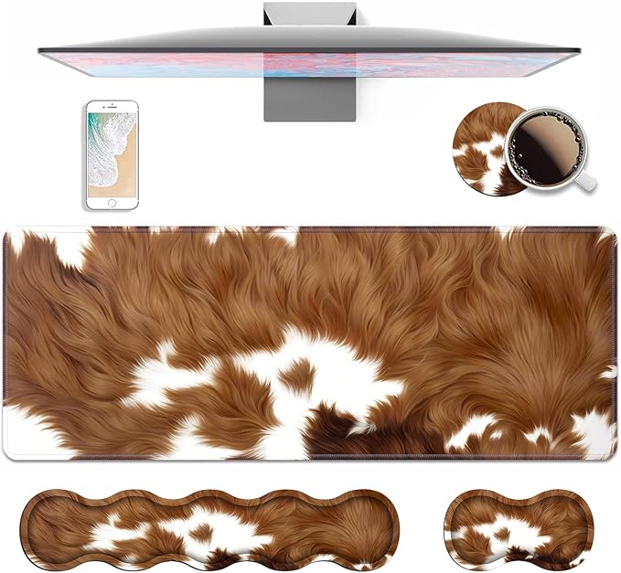 4 in 1 Ergonomic Keyboard Wrist Rest & Mouse Pad Wrist Rest Set, Large XXL Gaming Desk Mat 31.5"x 11.8" with Non-Slip Base, Memory Foam for Home Office Study Gaming, Brown Cow Print