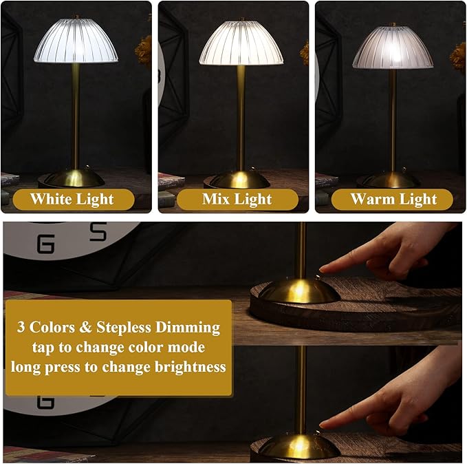 Liliful 1 Pcs LED Portable Cordless Table Lamp Touch Battery Operated Rechargeable Gold Desk Lamp 3 Color Dimmable for Bedroom Living Room Dining (Gold,Mushroom Style)