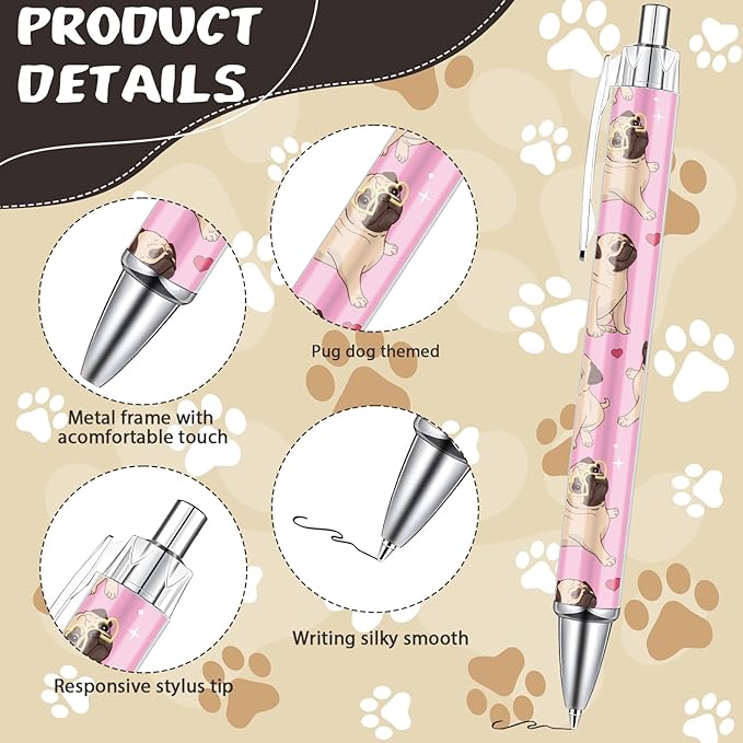 Pug Dog Ballpoint Pens Gifts 24 Pcs Cartoon Puppy Pen Set Animal Retractable Smooth Writing Ballpoint Pen Gift for Women Men Dog Lovers Teen Office Teacher Students Party Supplies