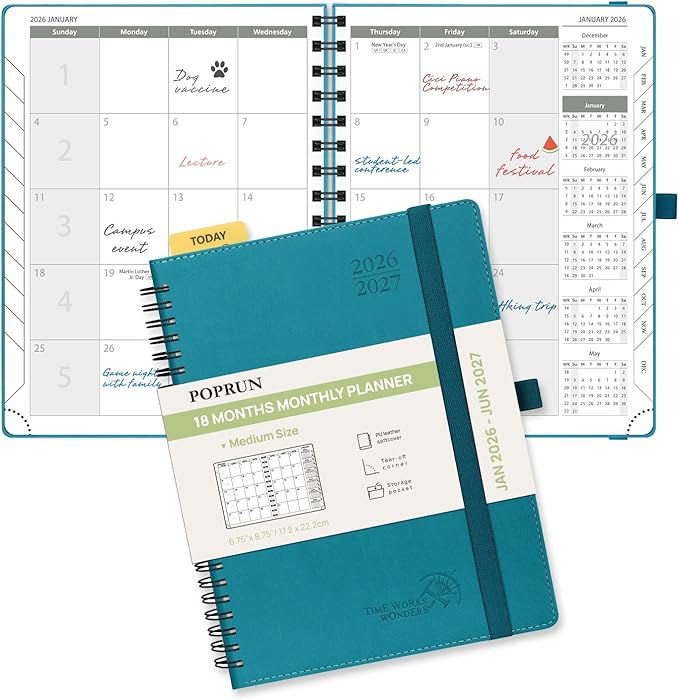 POPRUN Monthly Planner 2026-2027 (Medium 6.5" x 8.5") 18 Months Calendar (Jan 2026 - Jun 2027) - 4 Pages per Month with Expense & Notes, Stair-like tabs, Leather Cover, Sunday Starts - Pacific Green