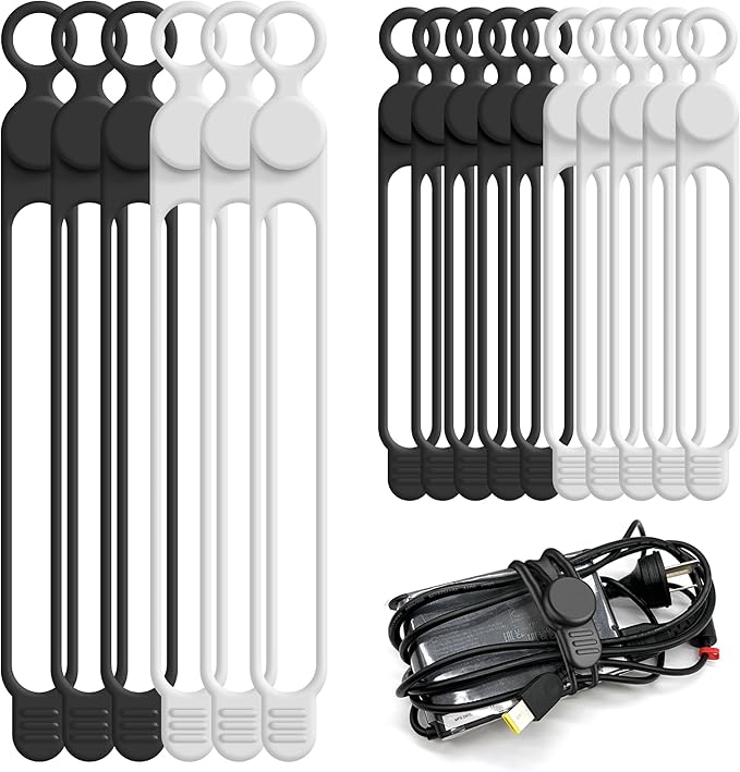 Nearockle Silicone Cable Ties Cord Organizer Cable Management, 16Pcs 4.2" and 7.1" Reusable Cable Organizer Electronic Accessories for Home, Office, Kitchen, School, Travel(Black&White)