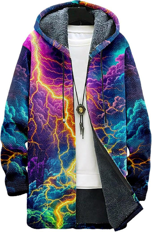 MARSVOVO Mens Cardigan Sweater Cool Graphic Lined Fleece Long Coat Zip With Pockets Fashion Coat Warm Fitted Jacket