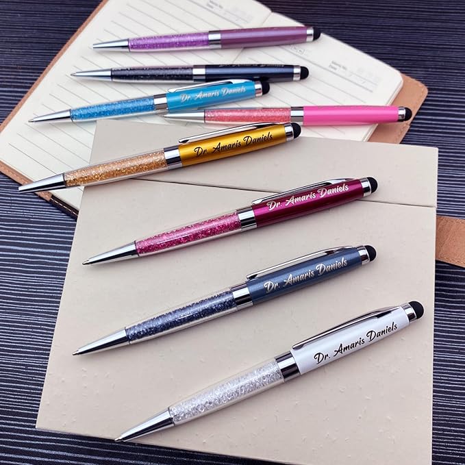 Ancolo Personalized Crystal Pens with Stylus Tip, Office Writing Set- Engraved with Your Message Name Company Team Name, Gift for Women Girl 10 Pens/Box (Pink)