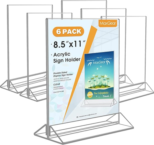MaxGear 8.5 X 11 Acrylic Sign Holder 6pack, Clear Display Stand Plastic Paper Stand, Double Sided Picture Stands for Table, Vertical Menu Stand Flyer Display for Stores, Restaurants, Hotels, Office