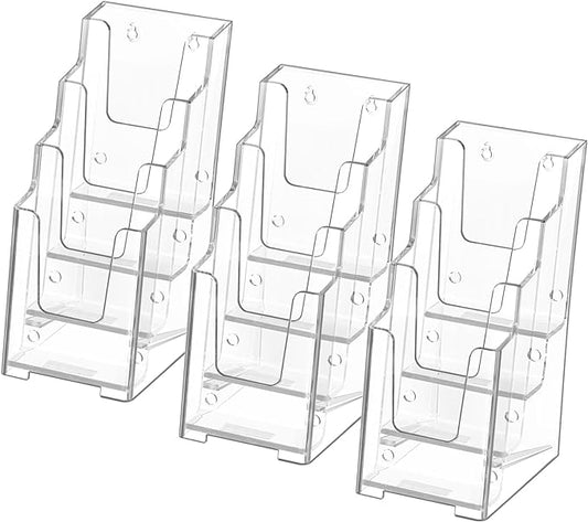 MaxGear Acrylic Brochure Holder, 4-Inch Wide 4 Tier Clear Literature Holder Premium Acrylic Pamphlet Holder Multi Pocket Brochure Display Stand, Wall Mount or Counter Top Use(3 Pack)