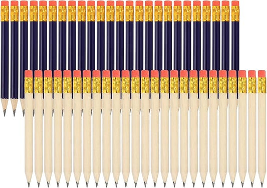 MECCANIXITY Golf Pencils with Erasers, 4" HB Mini Half Pencils Pre Sharpened Small Pens for Wedding Bridal Shower Game Office Writing Drawing(Wood Color/Dark Blue, Pack of 50)