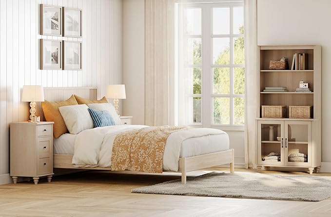 WAMPAT 5 Tier Bookshelf 72" Tall Bookcase with Glass Doors,Large Farmhouse Display Book Shelf with Adjustable Shelves and Storage Cabinet，Library Wood Bookshelves for Living Room,Kitchen, Light Oak