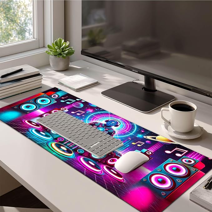 Large Mouse Pad 31.5 x 11.8 Inch Neon DJ Music Desk Mat Extended Keyboard Mousepad Non Slip Waterproof Gaming Desk Pad Futuristic Party Design for Home Office