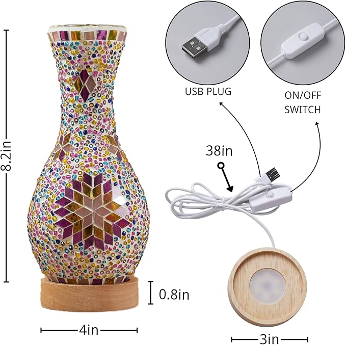 Turkish Mosaic Table Lamp, Moroccan Style Colorful Handmade Glass Vase, USB Tiffany Mosaic Table Night Light for Bedroom, Living Room Decor, 9" Height