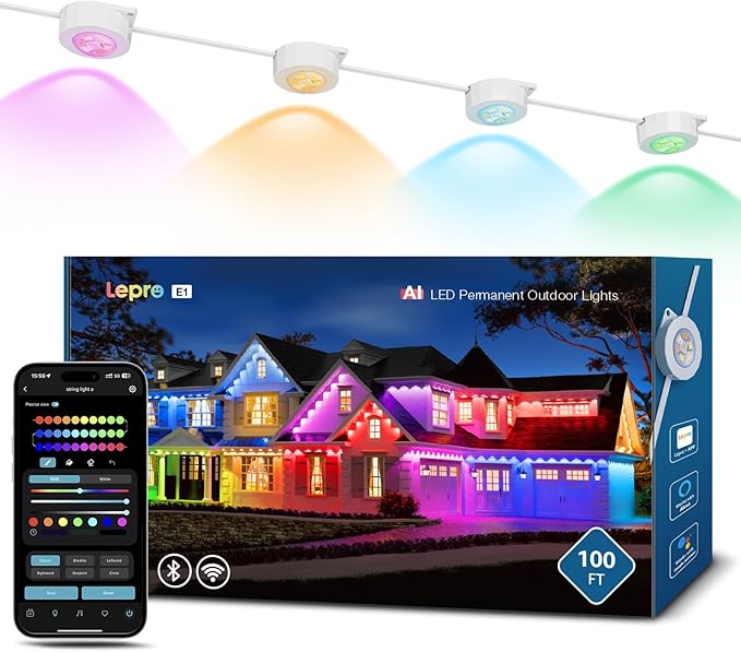 Lepro E1 AI Permanet Outdoor Lights, 100ft 60 LED RGB+IC+Warm/Cool White Smart Outside Light for House Christmas Decor, Alexa Google Enabled, 2.4 GHz WiFi/Bluetooth, APP Control NO Remote Controller