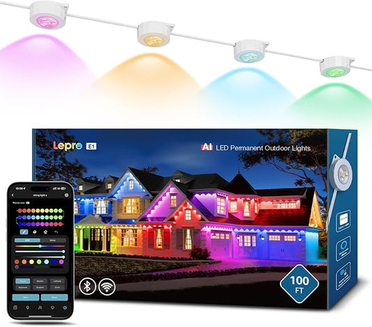Lepro E1 AI Permanet Outdoor Lights, 100ft 60 LED RGB+IC+Warm/Cool White Smart Outside Light for House Christmas Decor, Alexa Google Enabled, 2.4 GHz WiFi/Bluetooth, APP Control NO Remote Controller