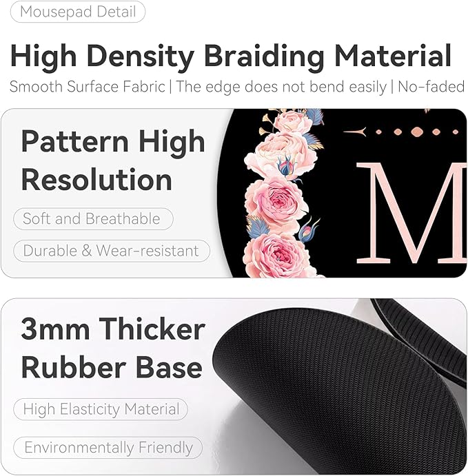 Letter M Black and Pink Flowers Round Mouse Pad,Funny Small Mouse Pad with Non-Slip Rubber Base,Mouse Mat,Home Office Decor Desk Accessories,8.7inch Round Mouse Pad