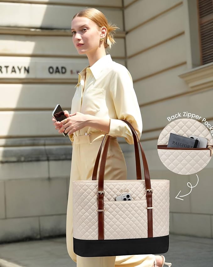 LOVEVOOK Laptop Bag for Women, Work Tote Computer Bag With Large Cup Holder, Lightweight Large Laptop Briefcase, Beige-Brown-Black, 17.3 Inch