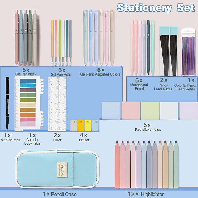 52 PCS Aesthetic School Supplies with Highlighters, Mechanical Pencils, Color Ink Gel pens, Pencil Case, Bible Study Supplies, Pens Pencils and Highlighters Set, Stationary Set for Student (Blue)