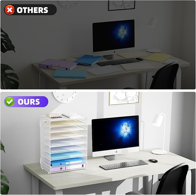 Marbrasse Paper Organizer Letter Tray, 9 Tier Mesh File Organizer with Handle, Paper Sorter Desk Organizer for Home Office Supplies - White