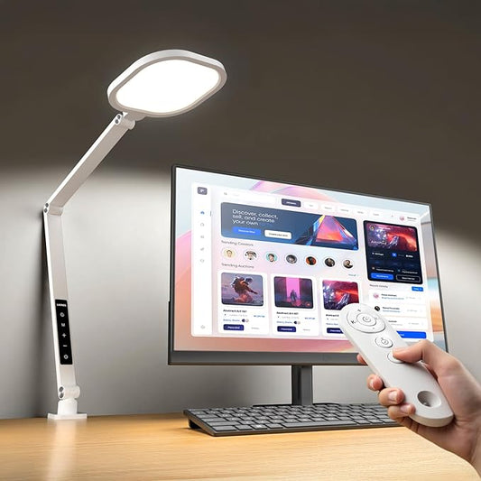 Led Desk Lamp with Clamp, 1200LM Dimmable Home Office Desktop Light, 3000k-6500k Adjustable Swing Arm Ring Light for Video Conference, Study, Reading, Zoom Calls, Streaming (White)