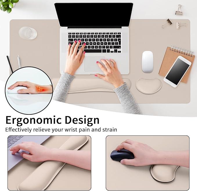 Mouse Pad and Keyboard Wrist Rest, Large Keyboard and Mouse Pad Set, Ergonomic Mousepad with Wrist Rest, Non-Slip Desk Mat Protector for Office, Home (31.5×15.7 Inches, Cream Powder)