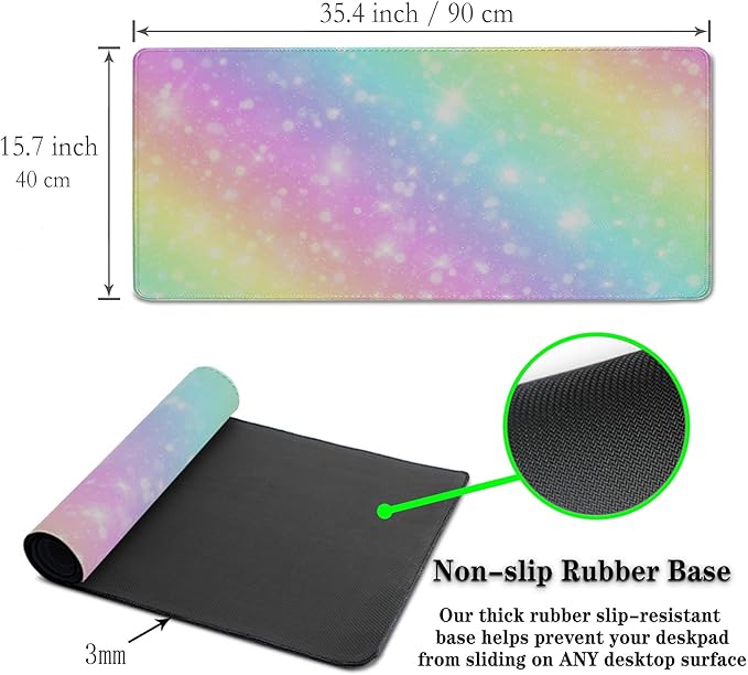 Large Mouse Pad Pink Gaming Mouse Pads Desk Mat for Women Computer Desk Pads Desk Pad Mat Non-Slip Rubber Base 35.4 X 15.7 for Game Office, Shiny Colorful Rainbow Background