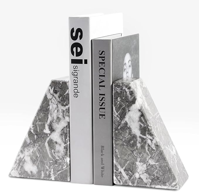 Marble Bookends for Heavy Books, Decorative Bookends for Shelves, Durable and Heavy-Duty Book End for Hardback Book & CDS, Unique Book Stopper & Holder, Gris Lido, Set of 2