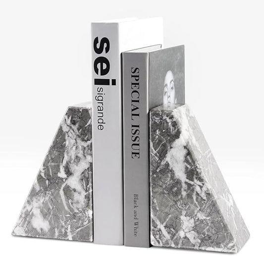 Marble Bookends for Heavy Books, Decorative Bookends for Shelves, Durable and Heavy-Duty Book End for Hardback Book & CDS, Unique Book Stopper & Holder, Gris Lido, Set of 2