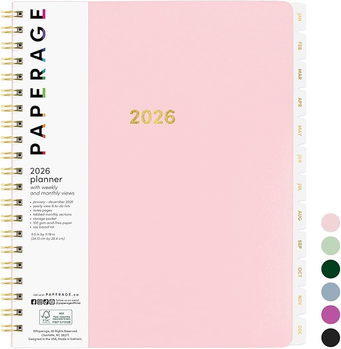 PAPERAGE 2026 Weekly & Monthly Planner, 12 Months (January 2026 - December 2026), 9.2 in x 11.2 in, Spiral Bound 2026 Planner with Weekly, Monthly & Yearly Views, Note Pages & Inner Pocket – Blush