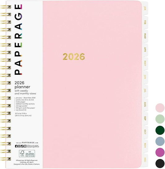 PAPERAGE 2026 Weekly & Monthly Planner, 12 Months (January 2026 - December 2026), 9.2 in x 11.2 in, Spiral Bound 2026 Planner with Weekly, Monthly & Yearly Views, Note Pages & Inner Pocket – Blush
